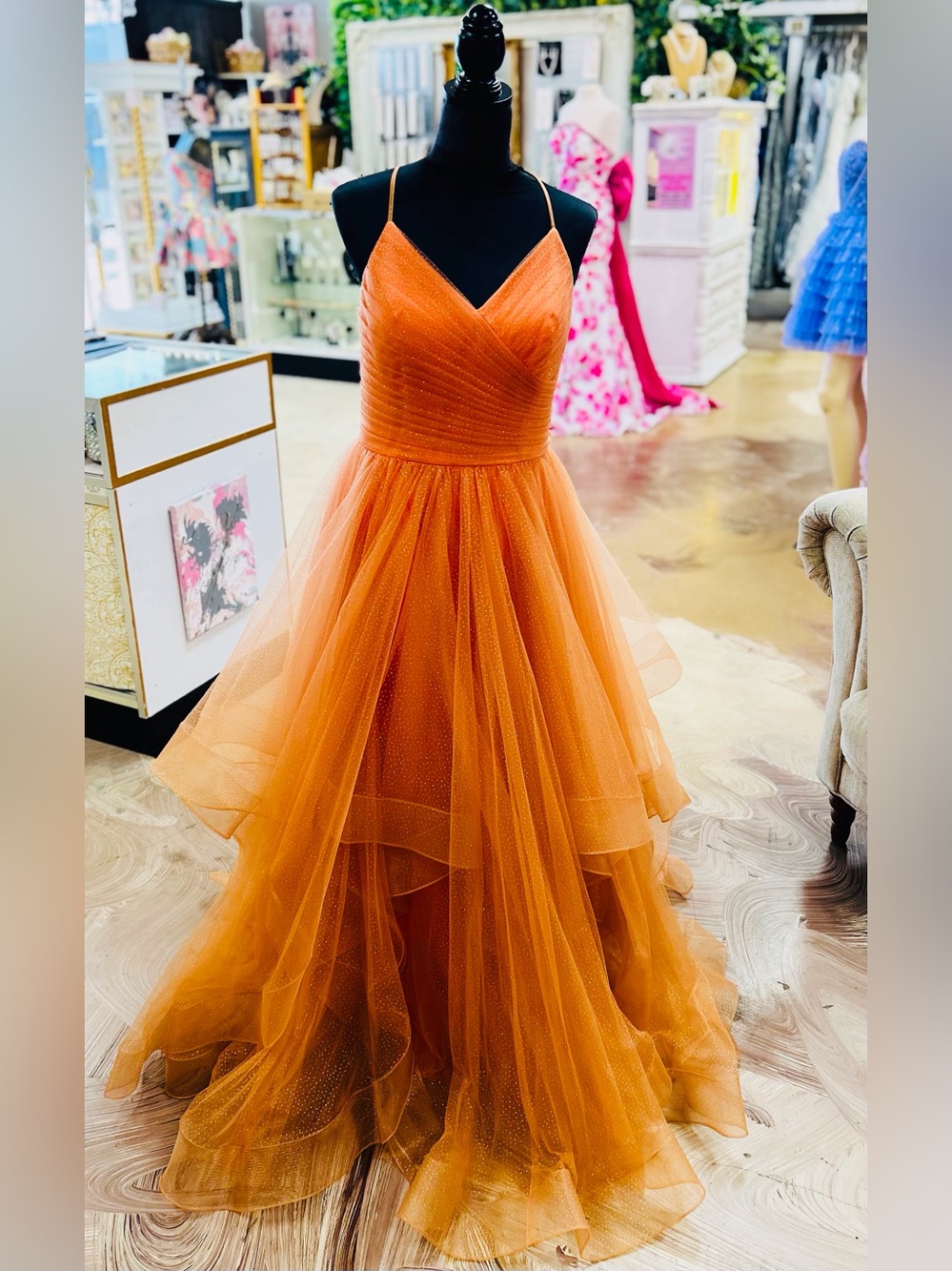 Spaghetti-Strap Orange Tulle Prom Gown